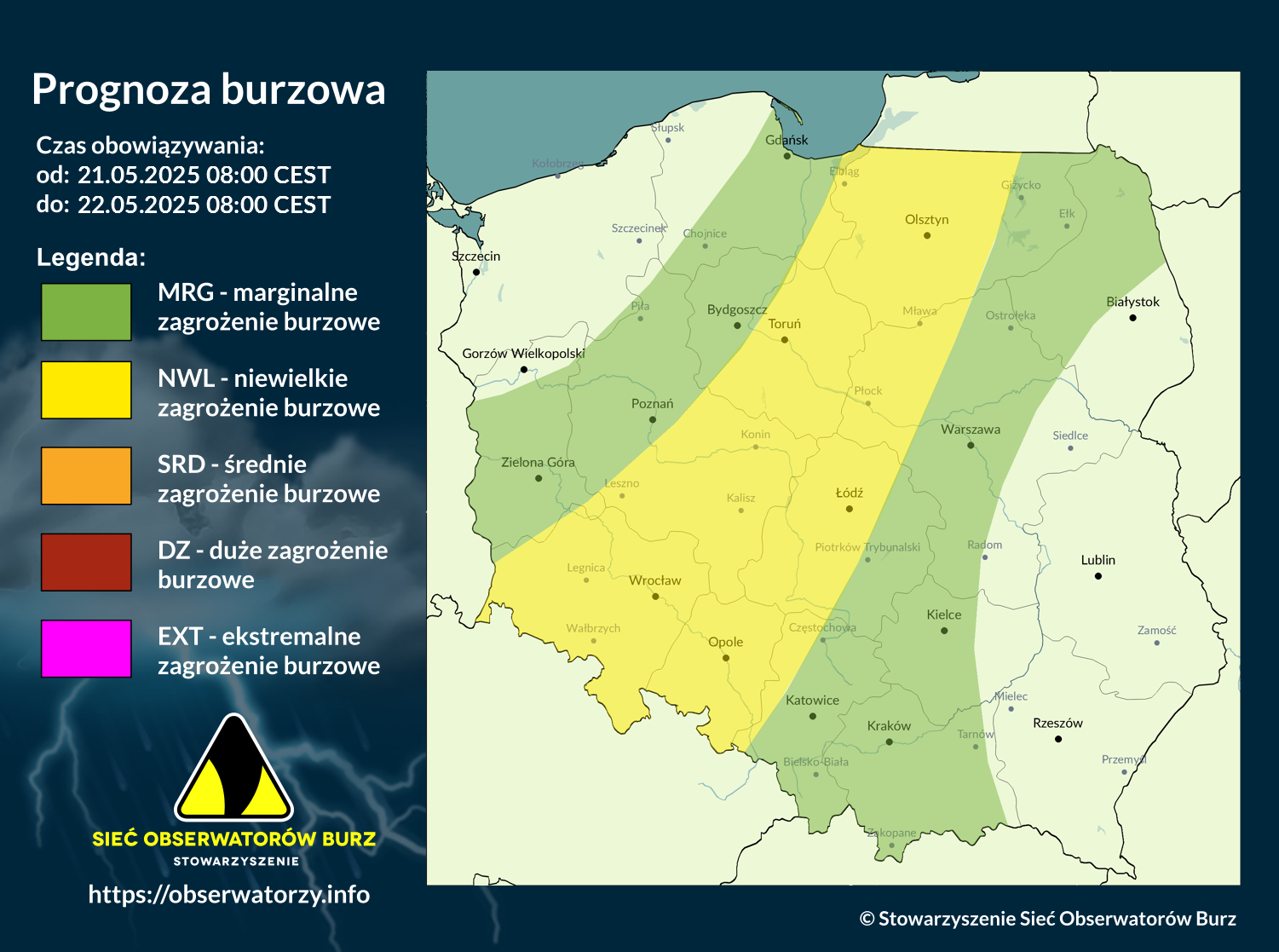 Prognoza burzowa na 21.05.2025 i noc z 21/22.05.2025