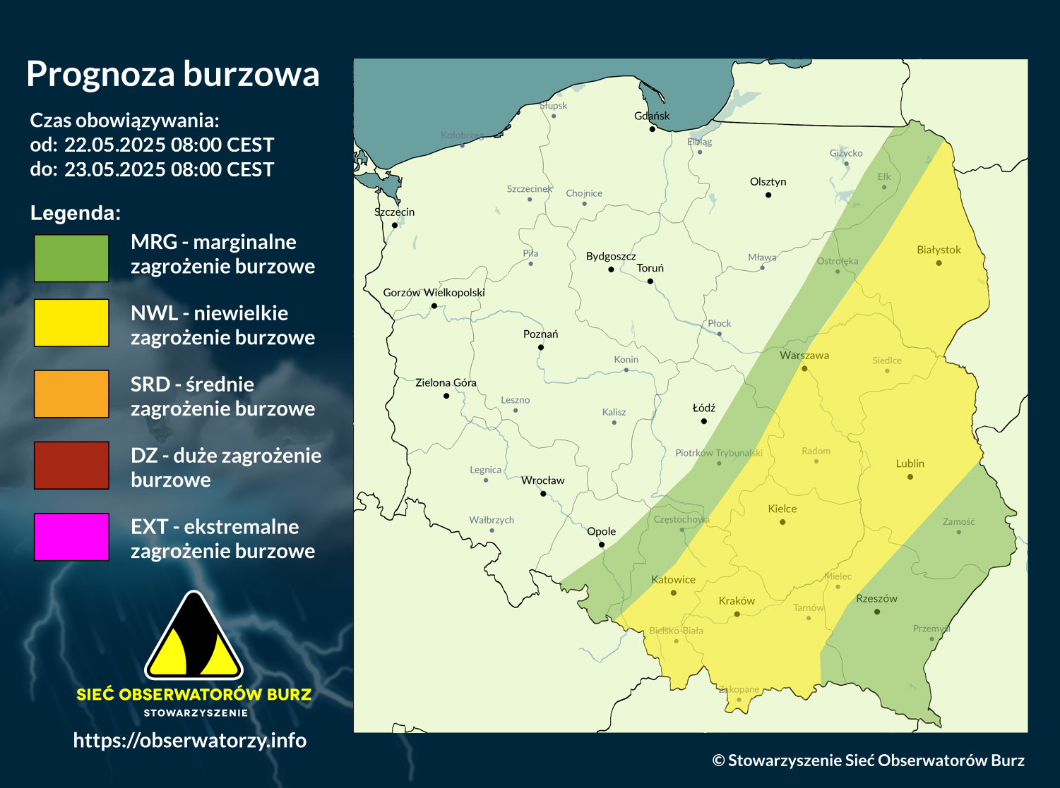 Prognoza burzowa na 22.05.2025 i noc z 22/23.05.2025
