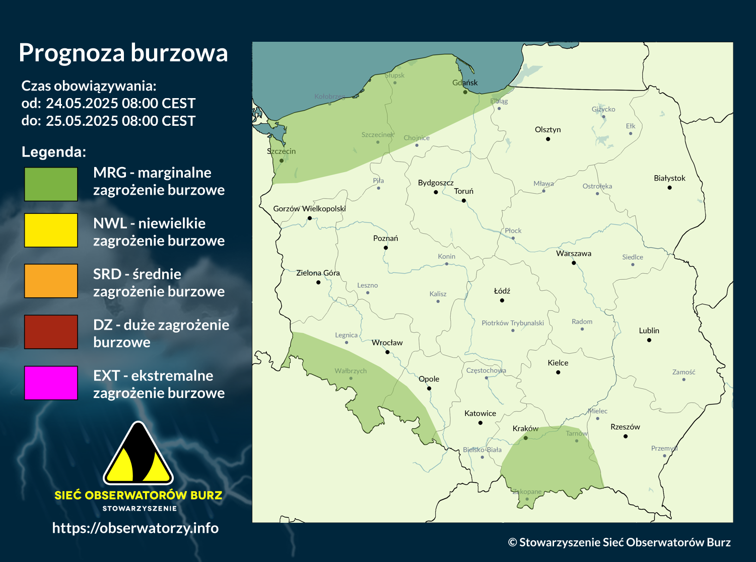 Prognoza burzowa na 24.05.2025 i noc z 24/25.05.2025