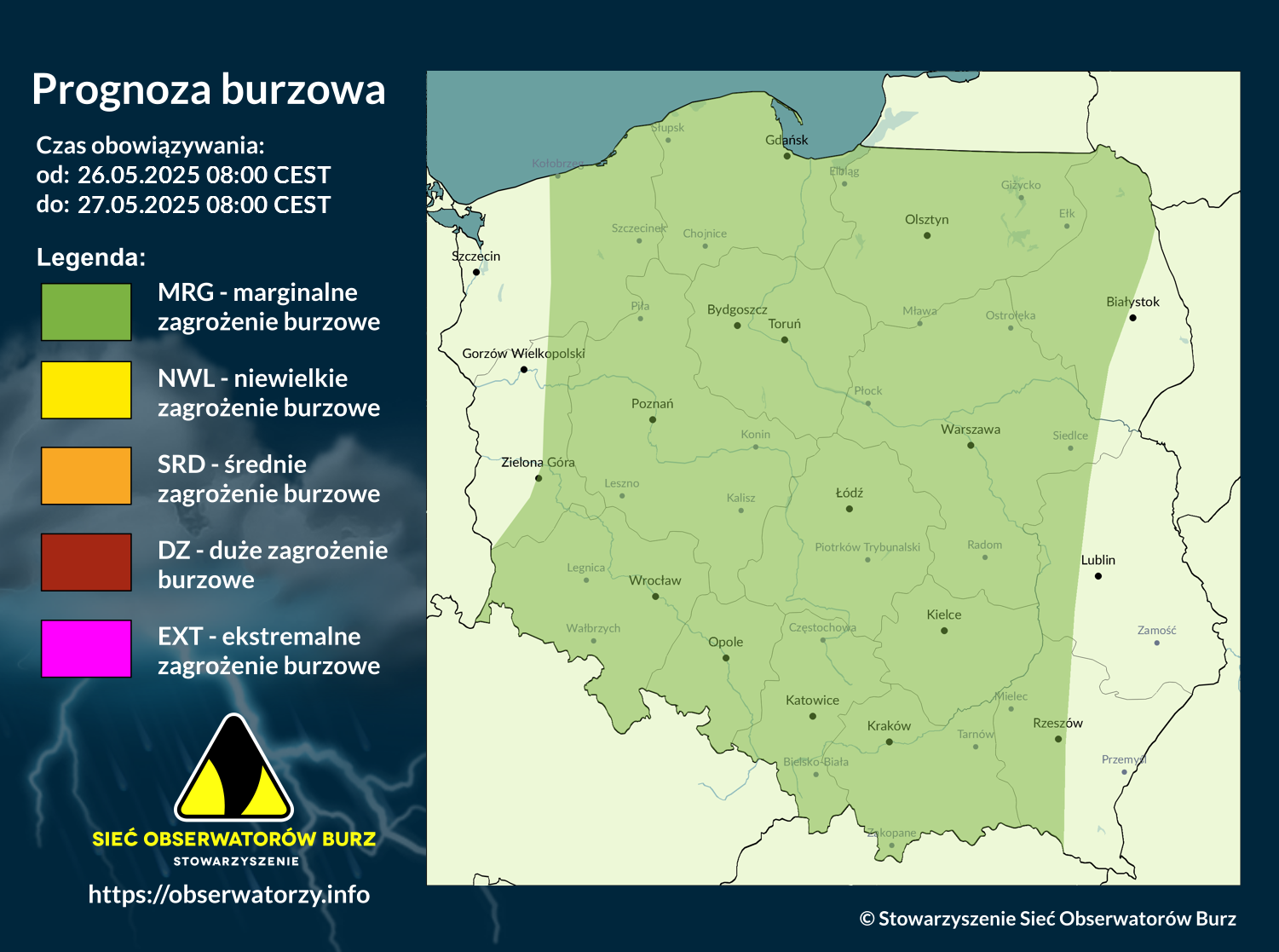 Prognoza burzowa na 26.05.2025 i noc z 26/27.05.2025