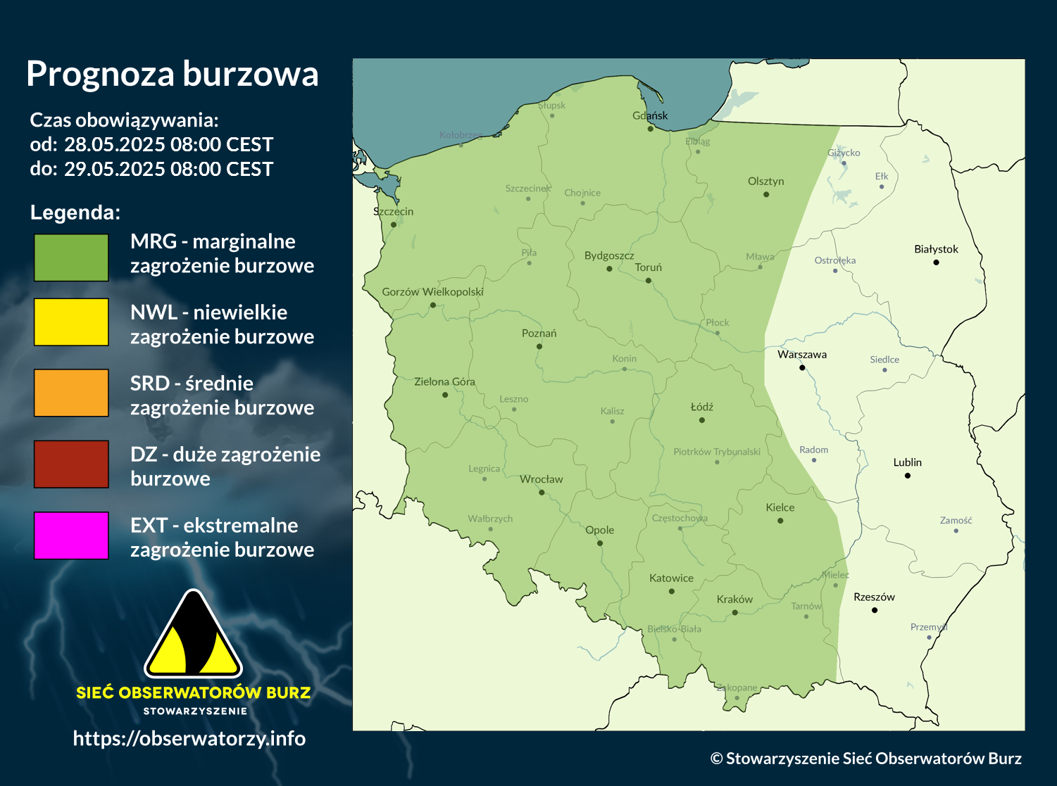 Prognoza burzowa na 28.05.2025 i noc z 28/29.05.2025