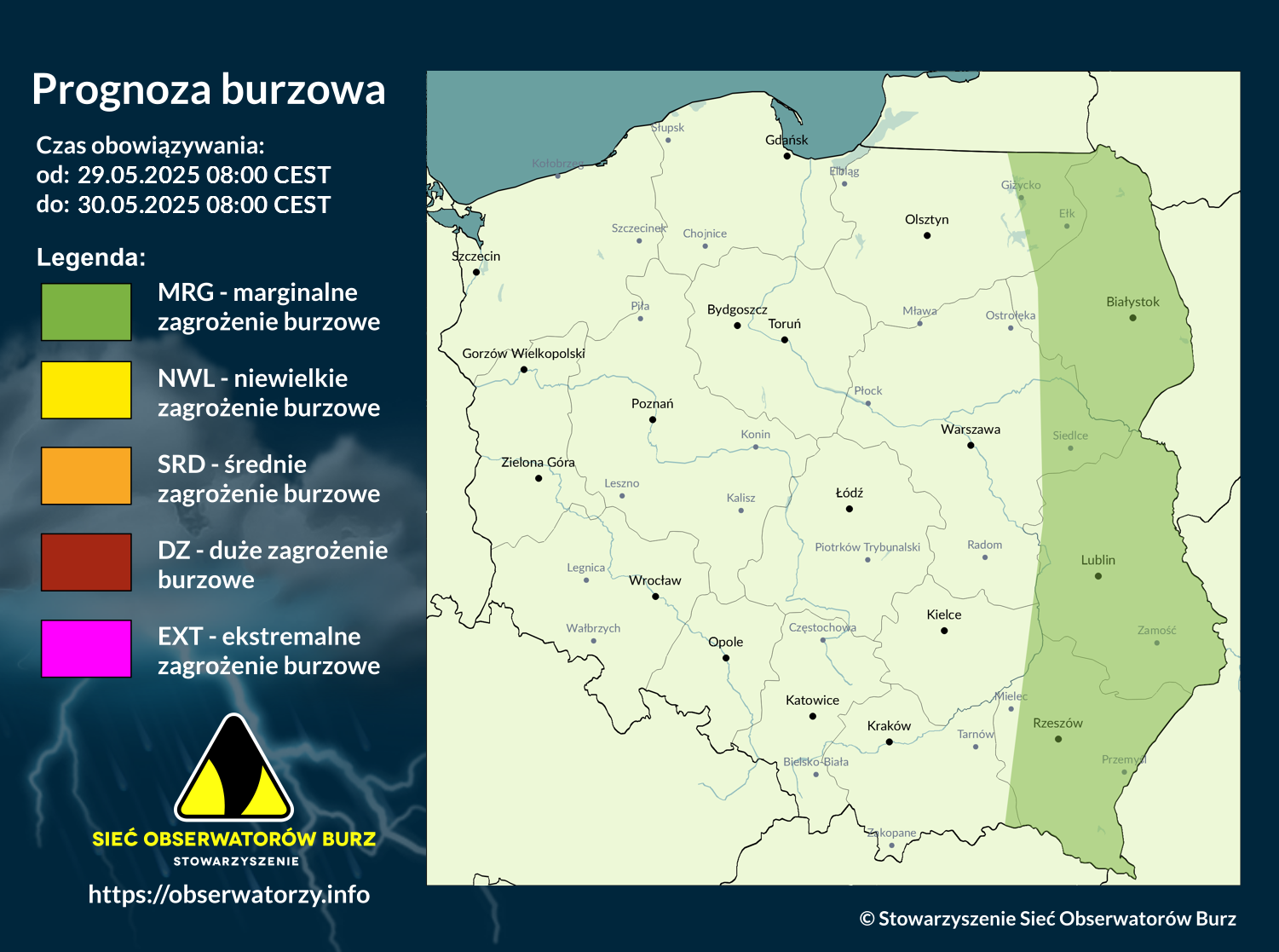 Prognoza burzowa na 29.05.2025 i noc z 29/30.05.2025