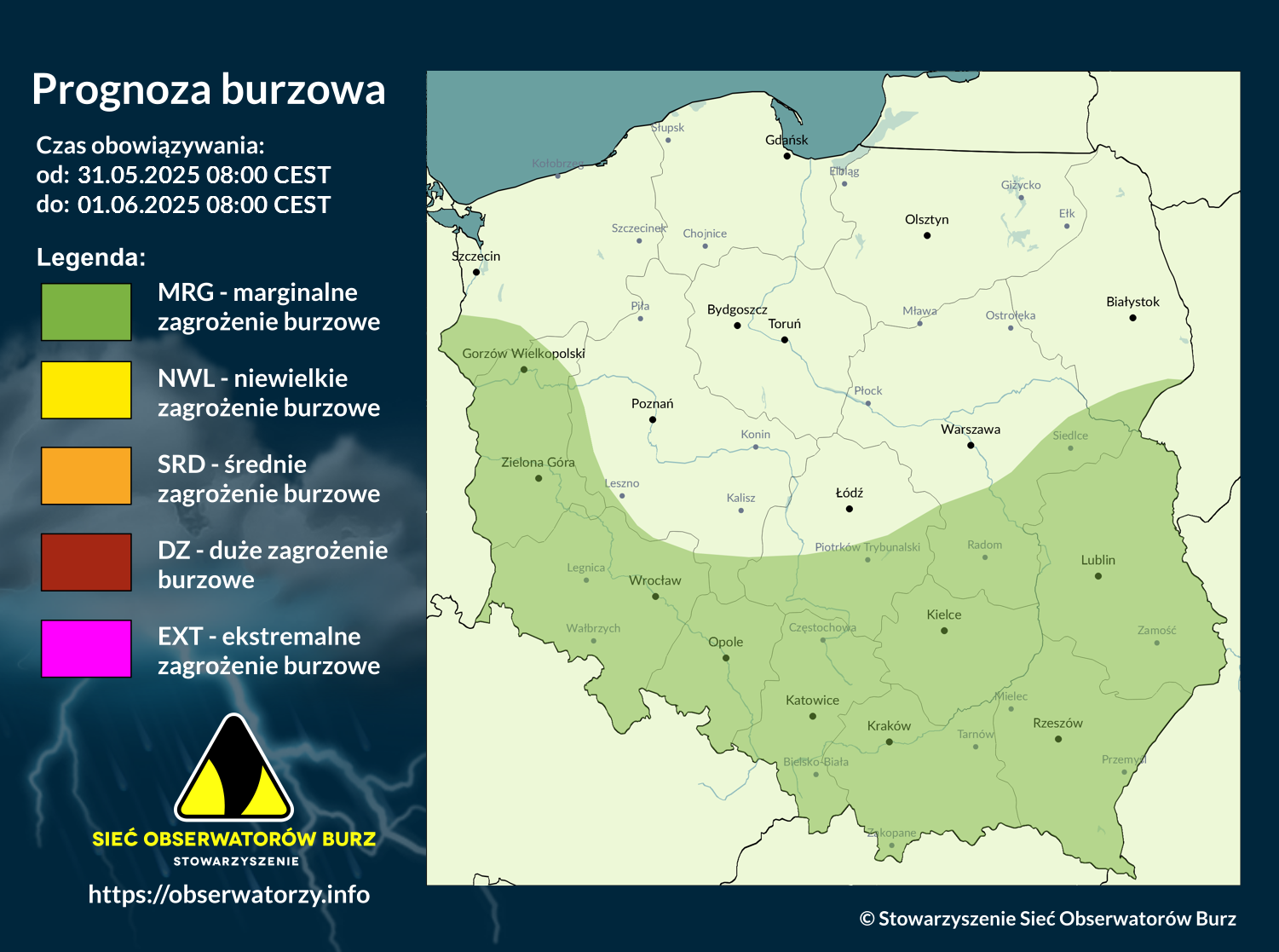 Prognoza burzowa na 31.05.2025 i noc z 31.05/1.06.2025