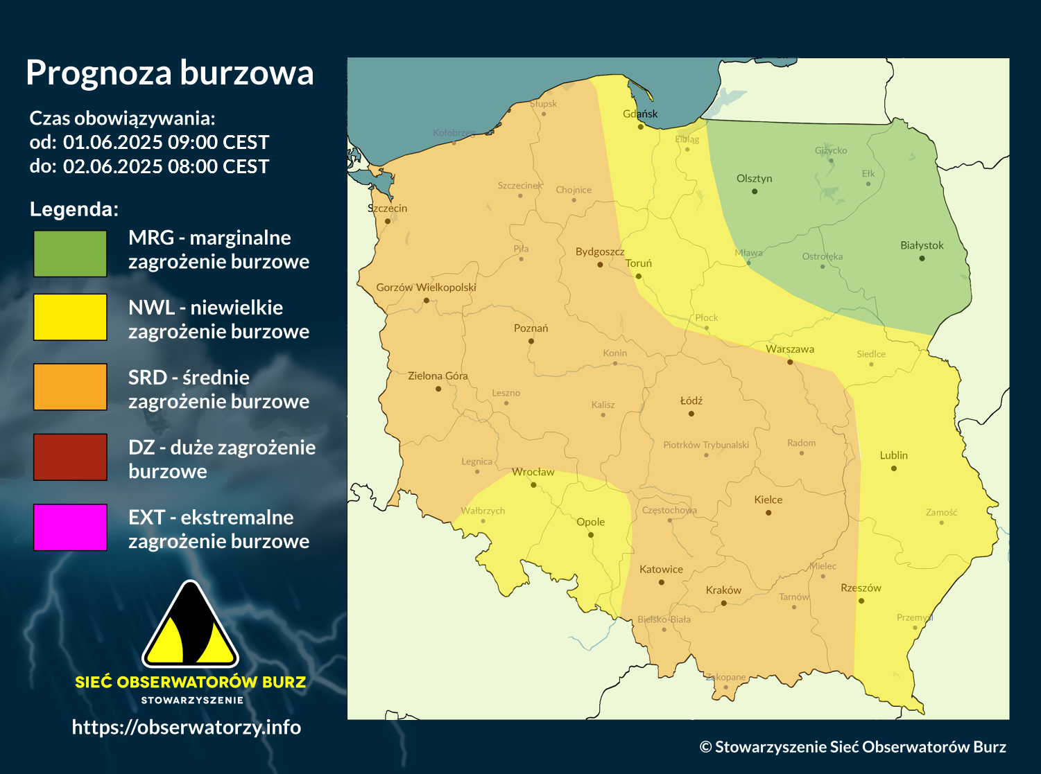 Prognoza burzowa na 1.06.2025 i noc z 1/2.06.2025
