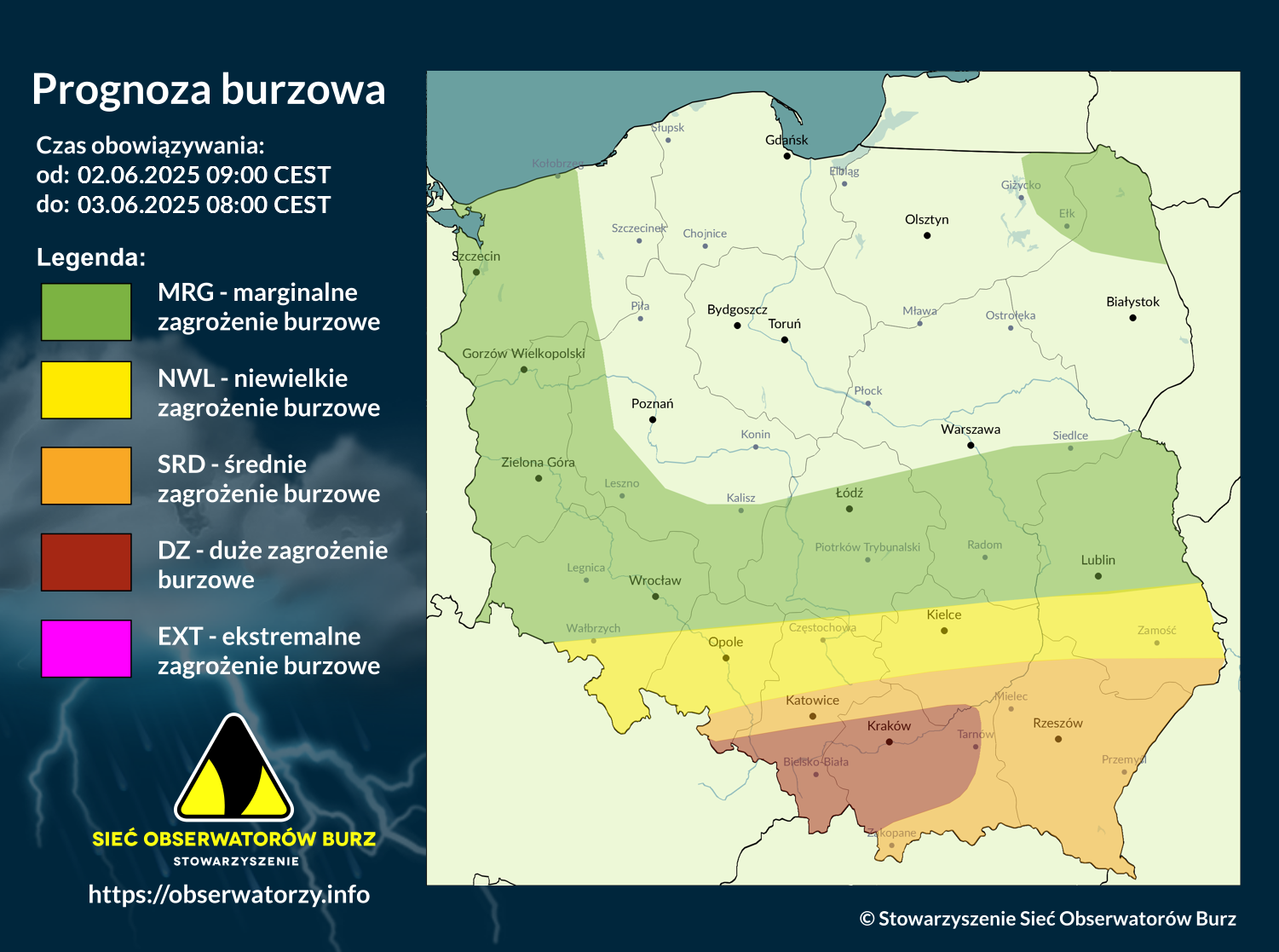 Prognoza burzowa na 2.06.2025 i noc z 2/3.06.2025 [AKTUALIZACJA]