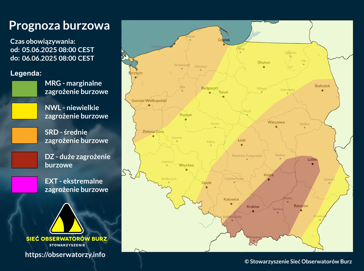 Prognoza burzowa na 5.06.2025 i noc z 5/6.06.2025