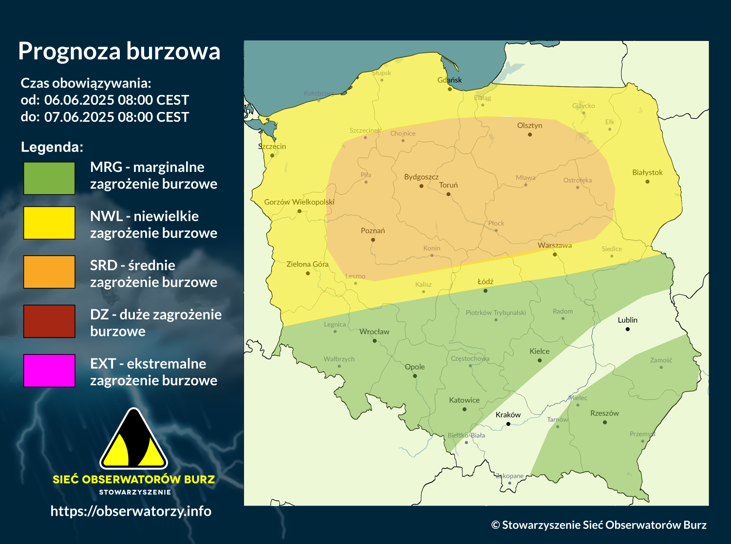 Prognoza burzowa na 6.06.2025 i noc z 6/7.06.2025
