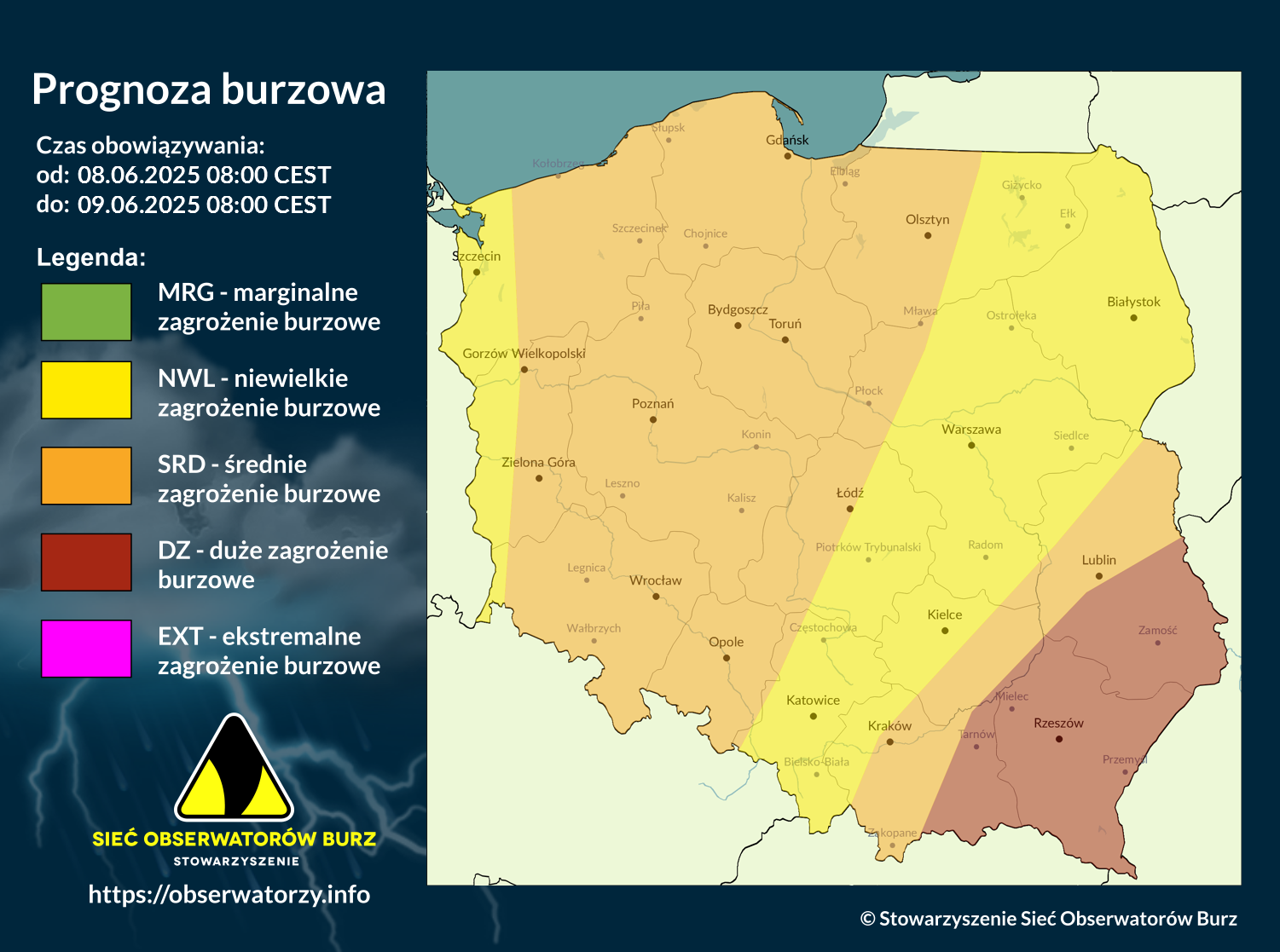 Prognoza burzowa na 8.06.2025 i noc z 8/9.06.2025