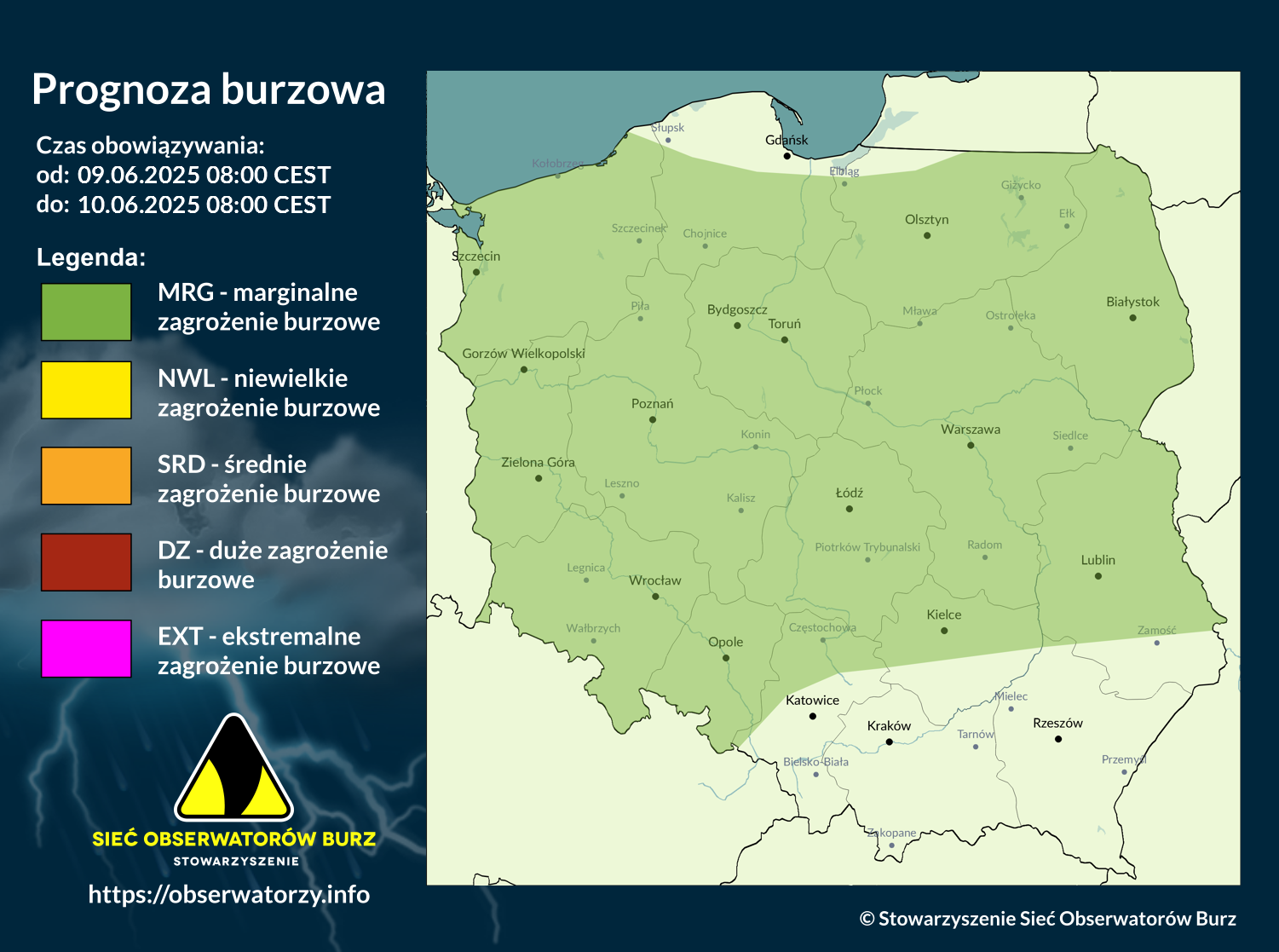 Prognoza burzowa na 9.06.2025 i noc z 9/10.06.2025