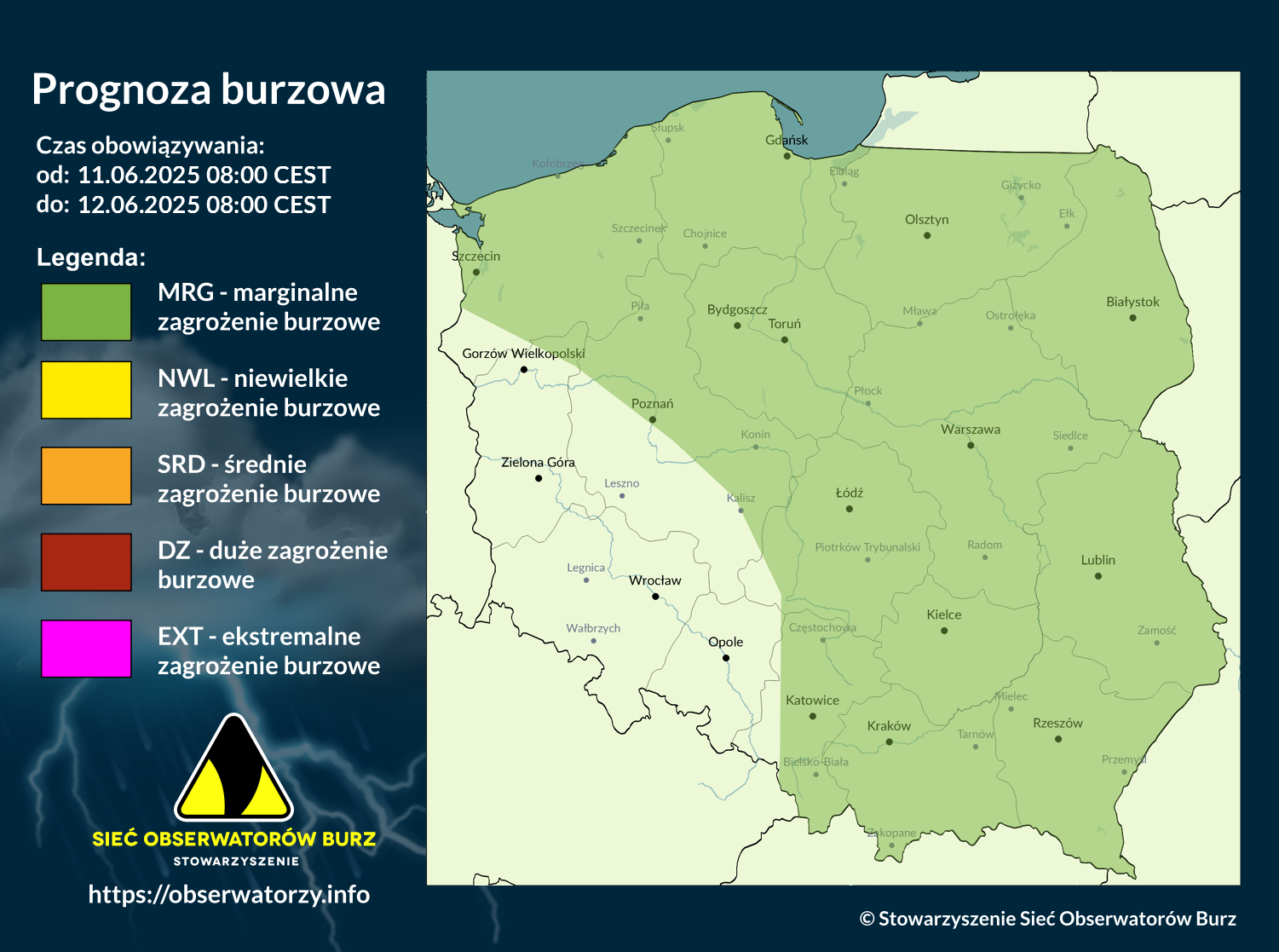 Prognoza burzowa na 11.06.2025 i noc z 11/12.06.2025