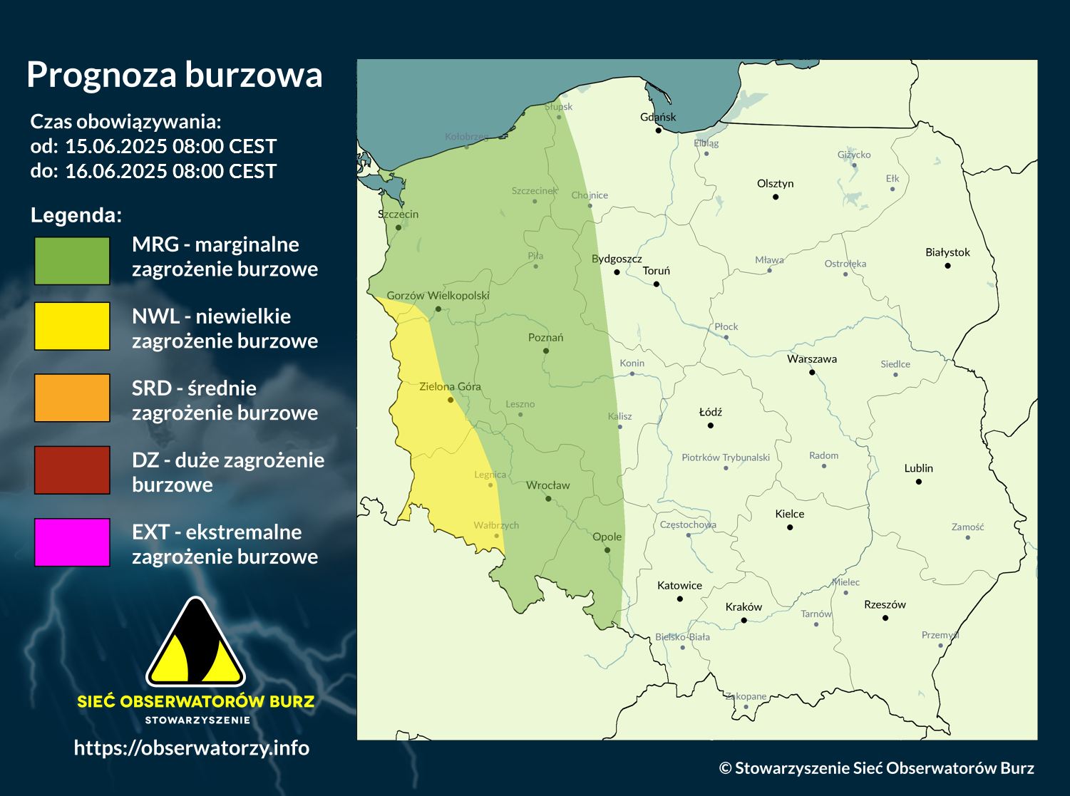 Prognoza burzowa na 15.06.2025 i noc z 15/16.06.2025