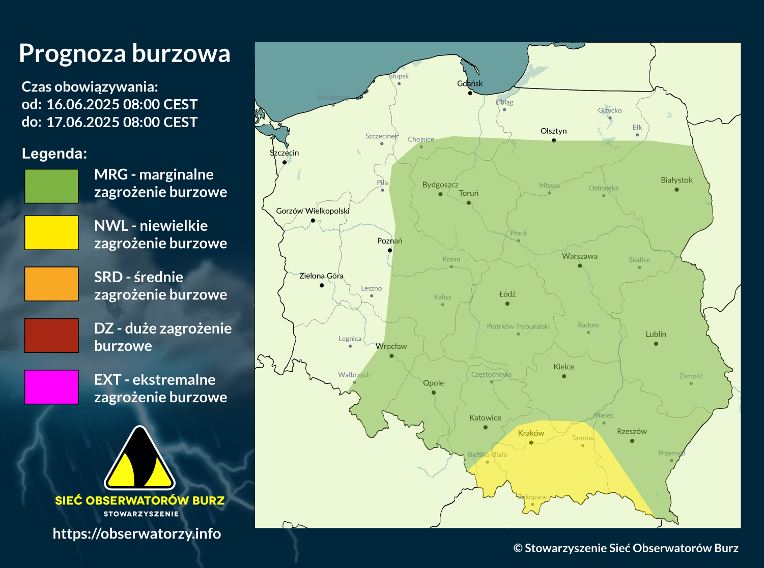 Prognoza burzowa na 16.06.2025 i noc z 16/17.06.2025