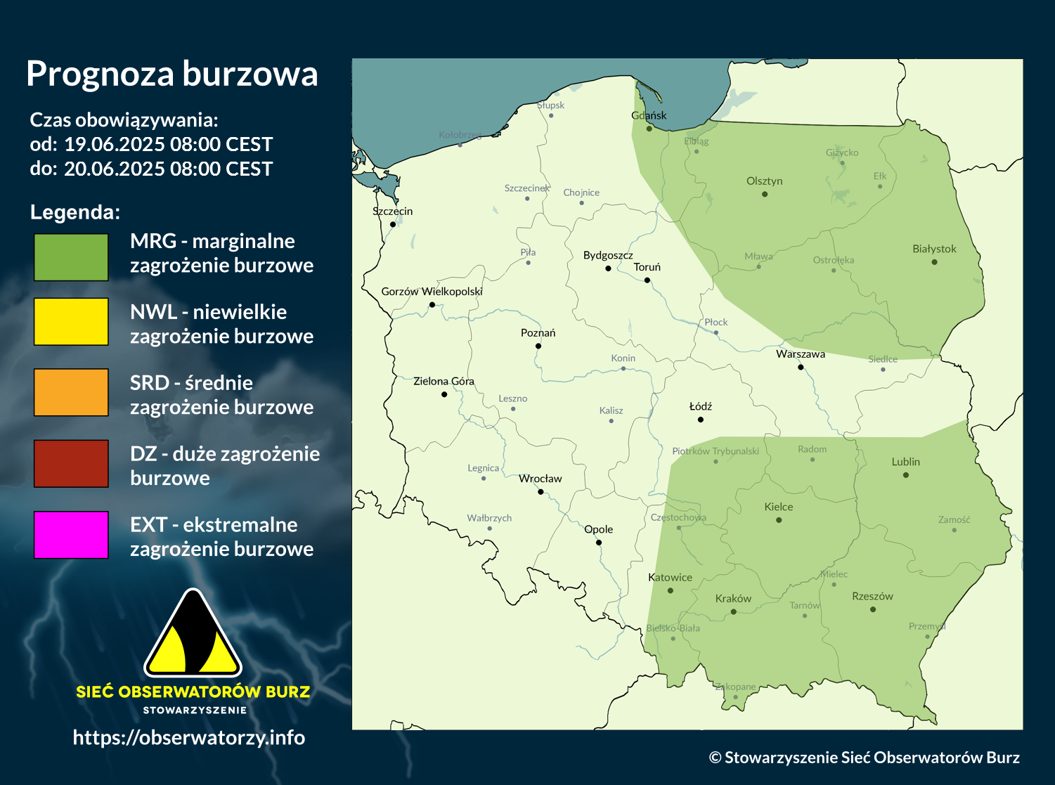 Prognoza burzowa na 19.06.2025 i noc z 19/20.06.2025