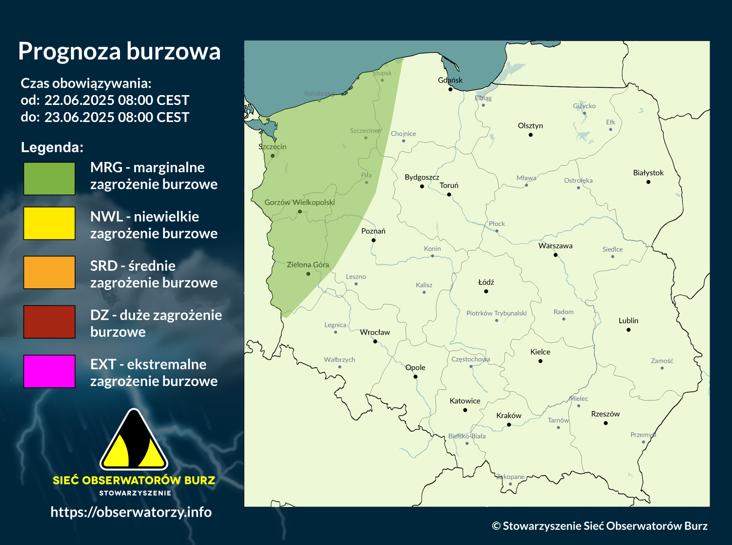 Prognoza burzowa na 22.06.2025 i noc z 22/23.06.2025