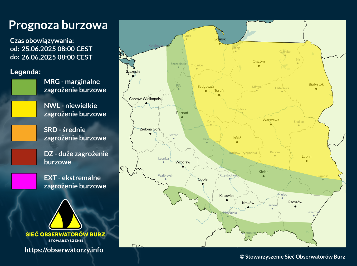 Prognoza burzowa na 25.06.2025 i noc z 25/26.06.2025