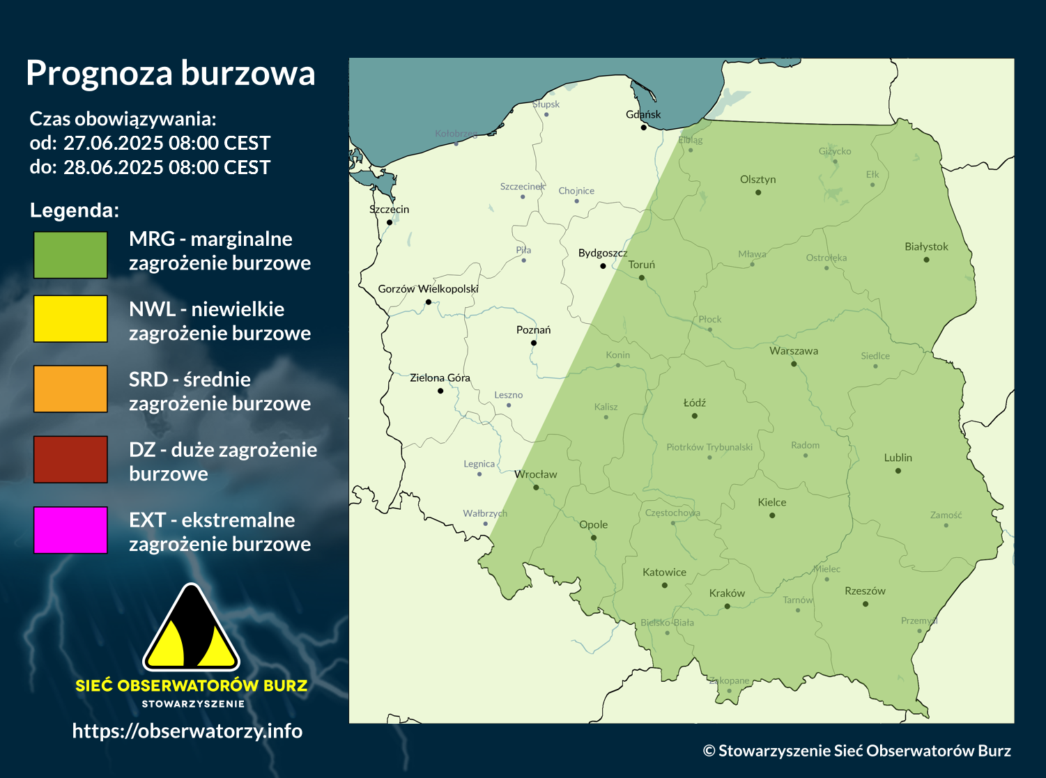 Prognoza burzowa na 27.06.2025 i noc z 27/28.06.2025