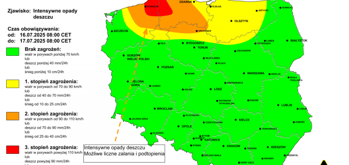 Ostrzeżenie pogodowe przed intensywnymi opadami deszczu na 16.07.2025 i noc z 16/17.07.2025