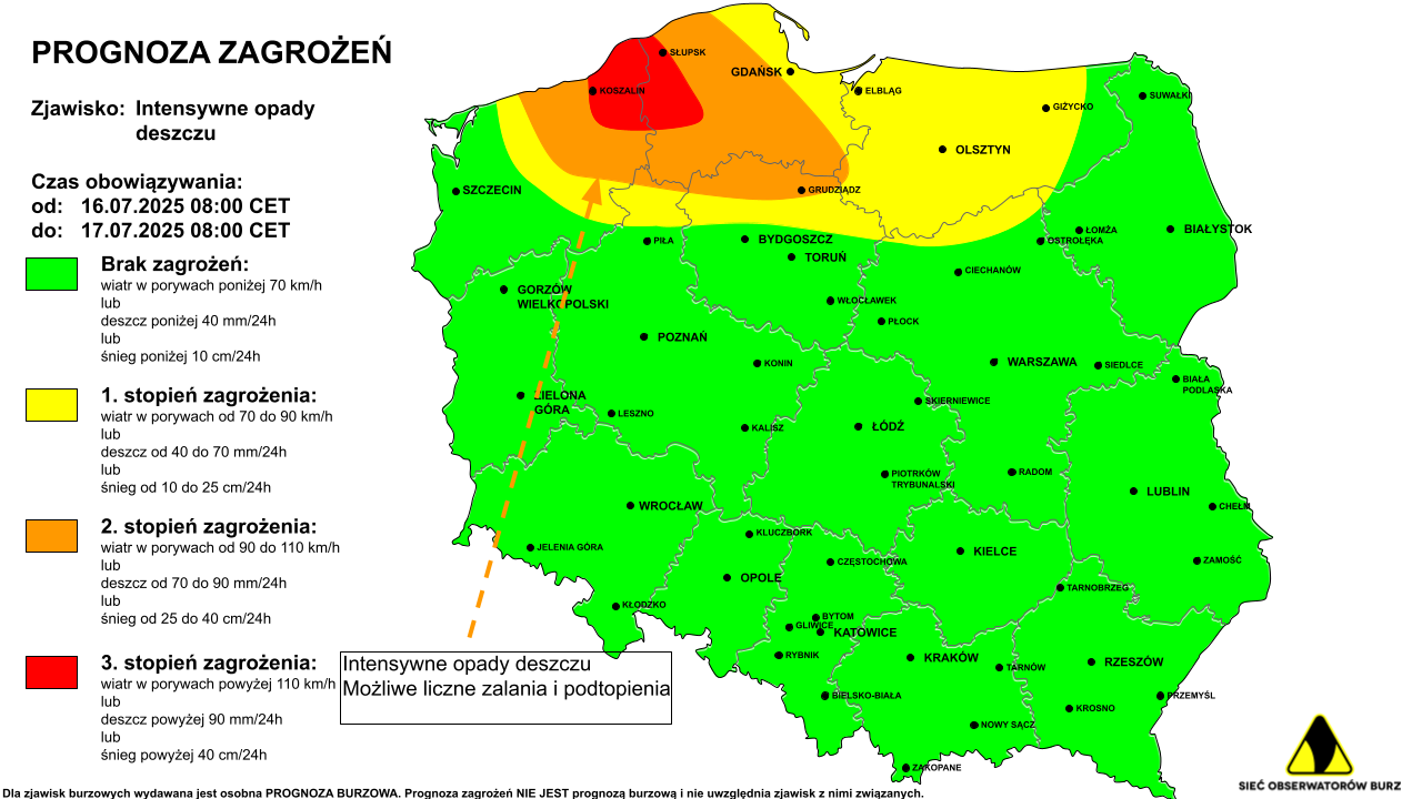 Ostrzeżenie pogodowe przed intensywnymi opadami deszczu na 16.07.2025 i noc z 16/17.07.2025