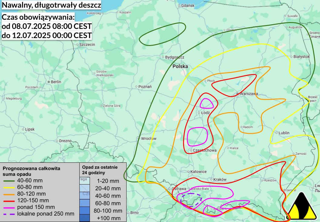 Ostrzeżenie pogodowe przed silnymi opadami deszczu na 8.07.2025 i noc z 8/9.07.2025