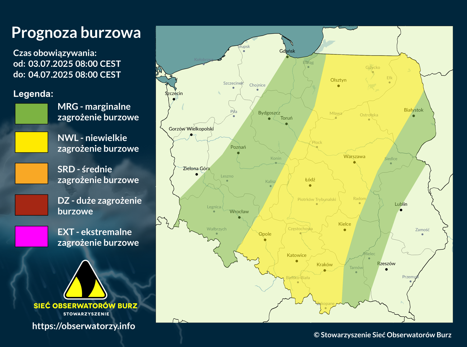 Prognoza burzowa na 3.07.2025 i noc z 3/4.07.2025