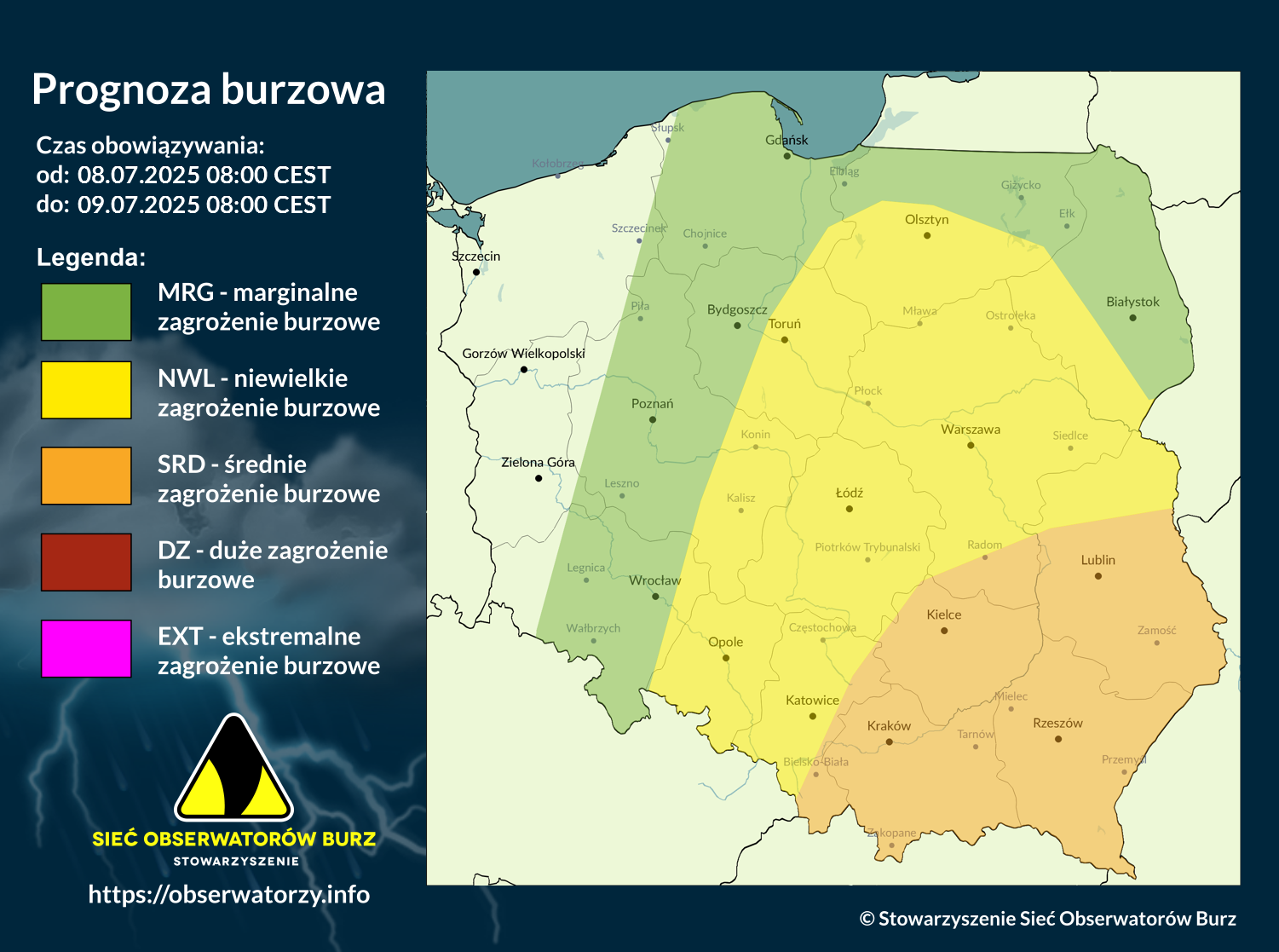 Prognoza burzowa na 8.07.2025 i noc z 8/9.07.2025