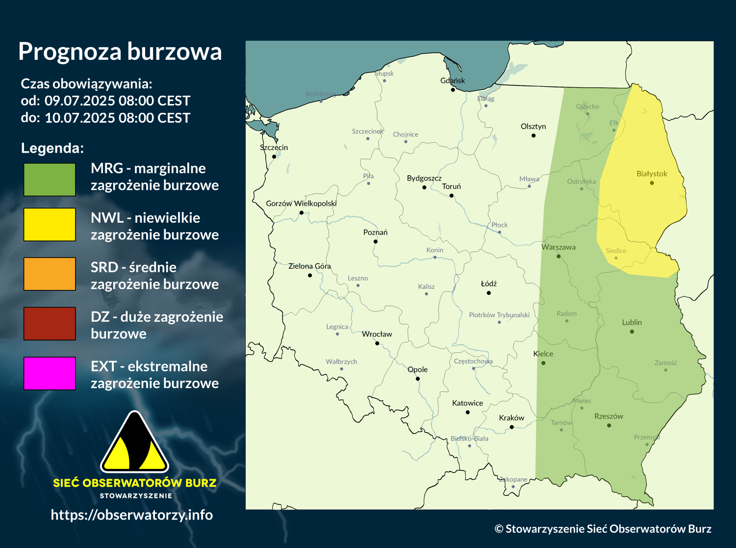 Prognoza burzowa na 9.07.2025 i noc z 9/10.07.2025