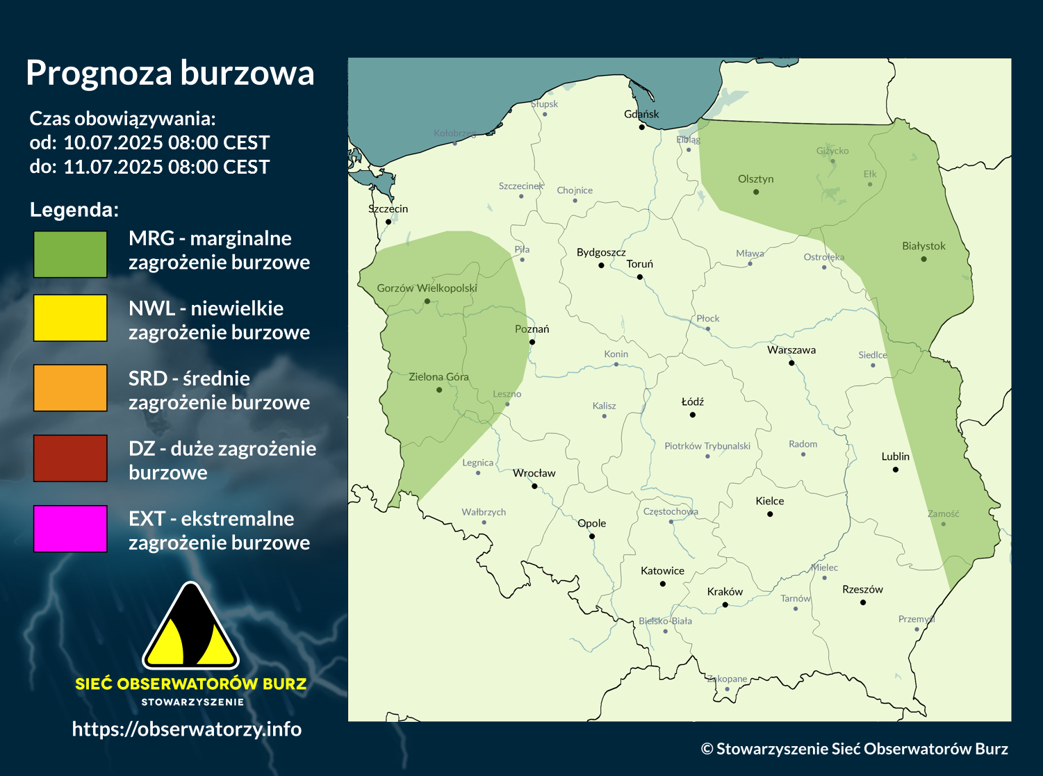 Prognoza burzowa na 10.07.2025 i noc z 10/11.07.2025