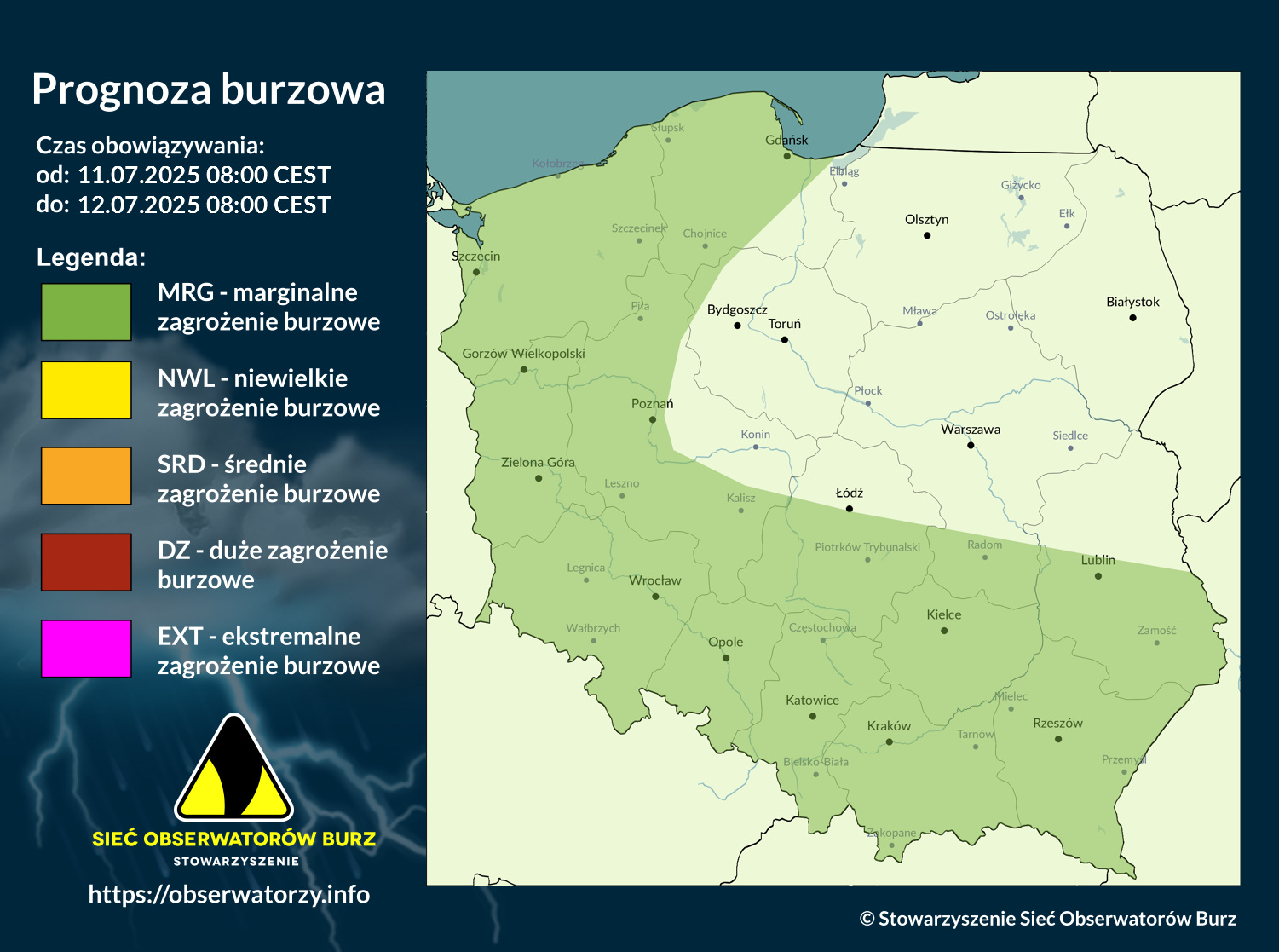 Prognoza burzowa na 11.07.2025 i noc z 11/12.07.2025