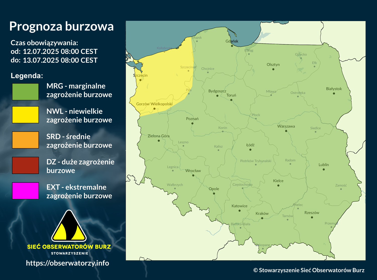 Prognoza burzowa na 12.07.2025 i noc z 12/13.07.2025