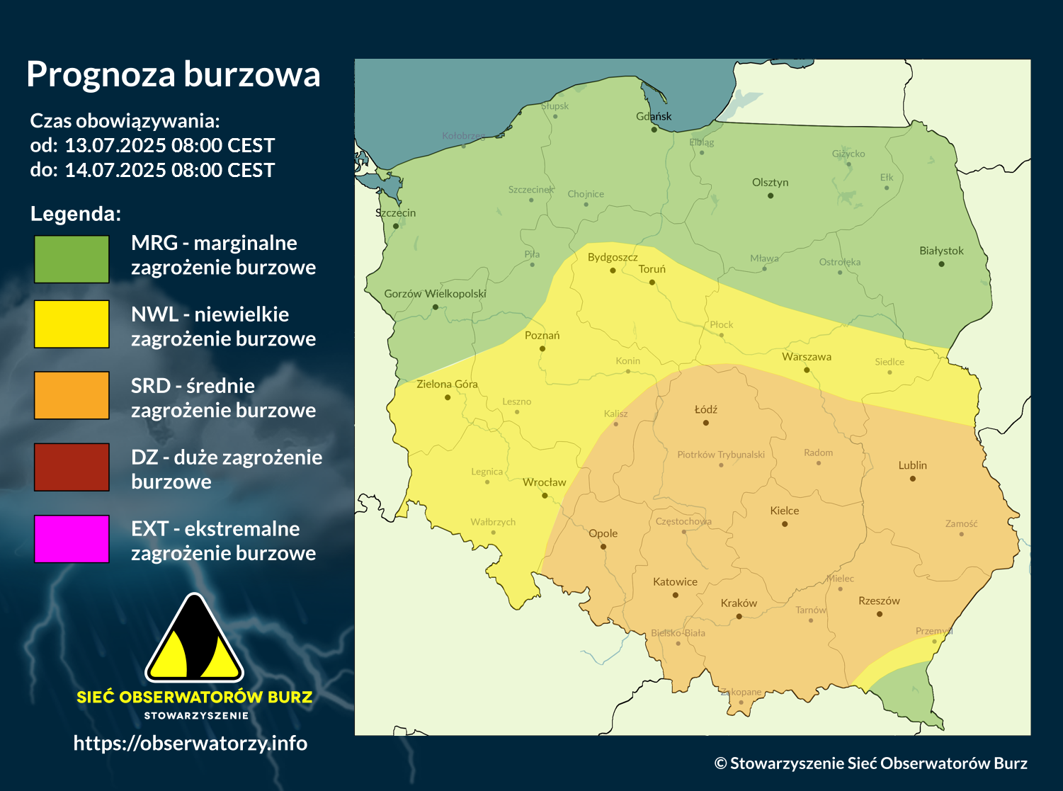 Prognoza burzowa na 13.07.2025 i noc z 13/14.07.2025