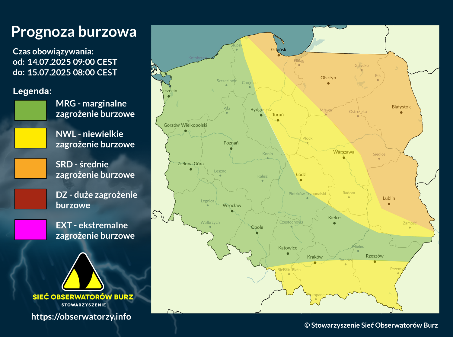Prognoza burzowa na 14.07.2025 i noc z 14/15.07.2025 [AKTUALIZACJA]