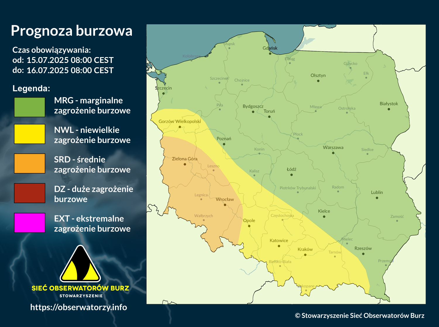 Prognoza burzowa na 15.07.2025 i noc z 15/16.07.2025