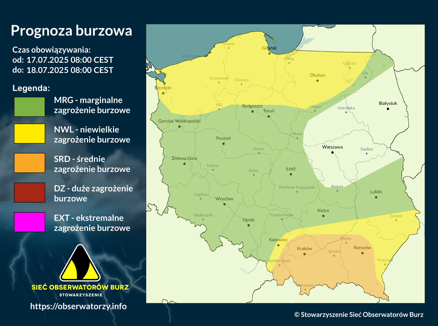 Prognoza burzowa na 17.07.2025 i noc z 17/18.07.2025