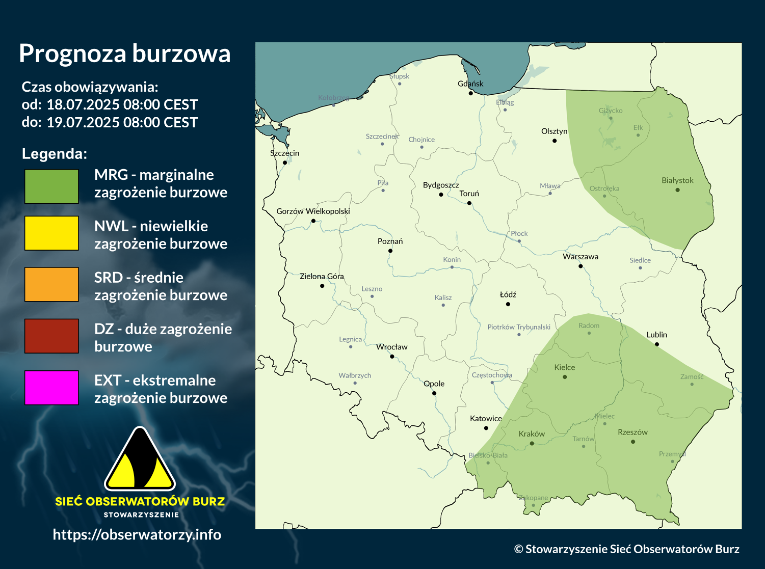 Prognoza burzowa na 18.07.2025 i noc z 18/19.07.2025