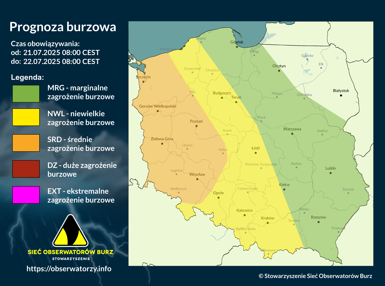 Prognoza burzowa na 21.07.2025 i noc z 21/22.07.2025
