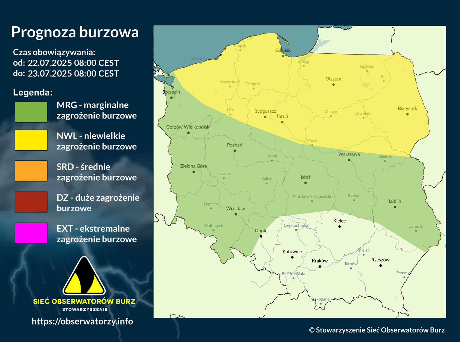 Prognoza burzowa na 22.07.2025 i noc z 22/23.07.2025