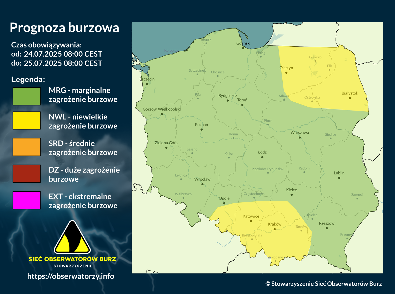 Prognoza burzowa na 24.07.2025 i noc 24/25.07.2025