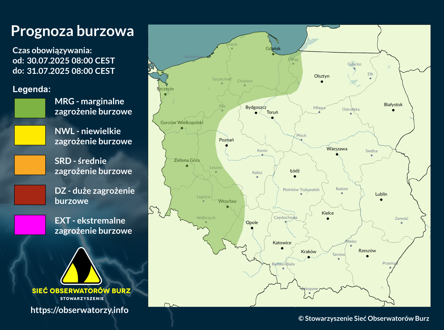 Prognoza burzowa na 30.07.2025 i noc z 30/31.07.2025