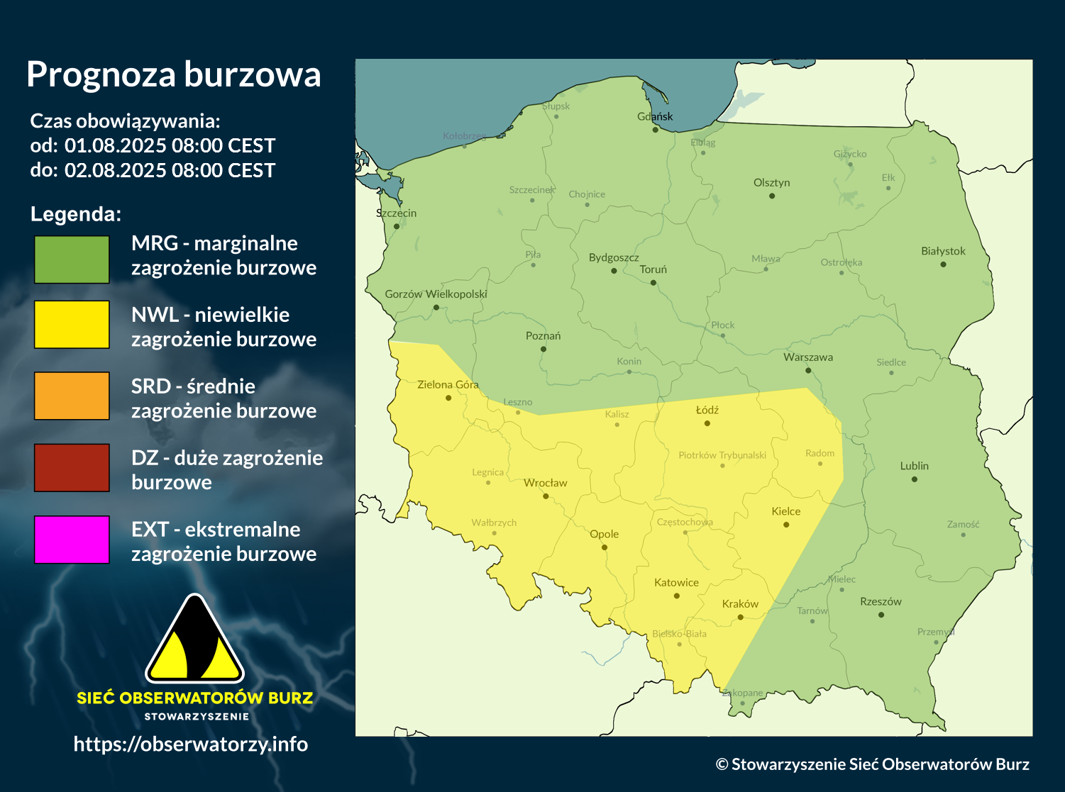 Prognoza burzowa na 1.08.2025 i noc z 1/2.08.2025