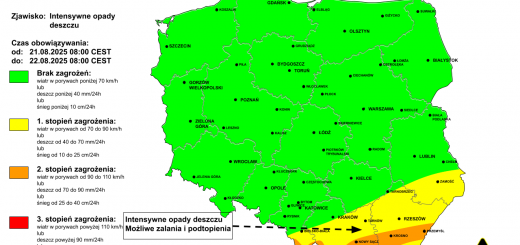 Ostrzeżenie przed intensywnymi opadami deszczu na 21.08.2025 i noc z 21/22.08.2025