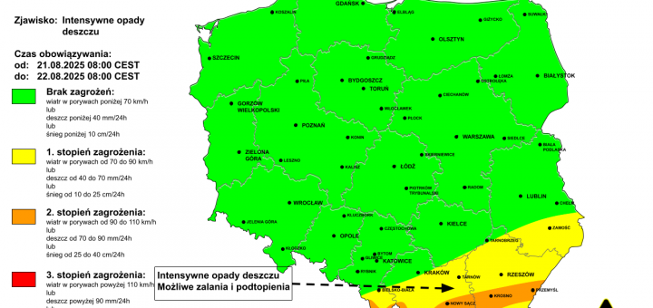 Ostrzeżenie przed intensywnymi opadami deszczu na 21.08.2025 i noc z 21/22.08.2025