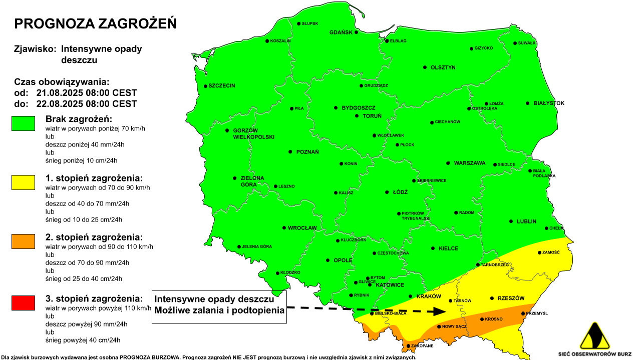 Ostrzeżenie przed intensywnymi opadami deszczu na 21.08.2025 i noc z 21/22.08.2025