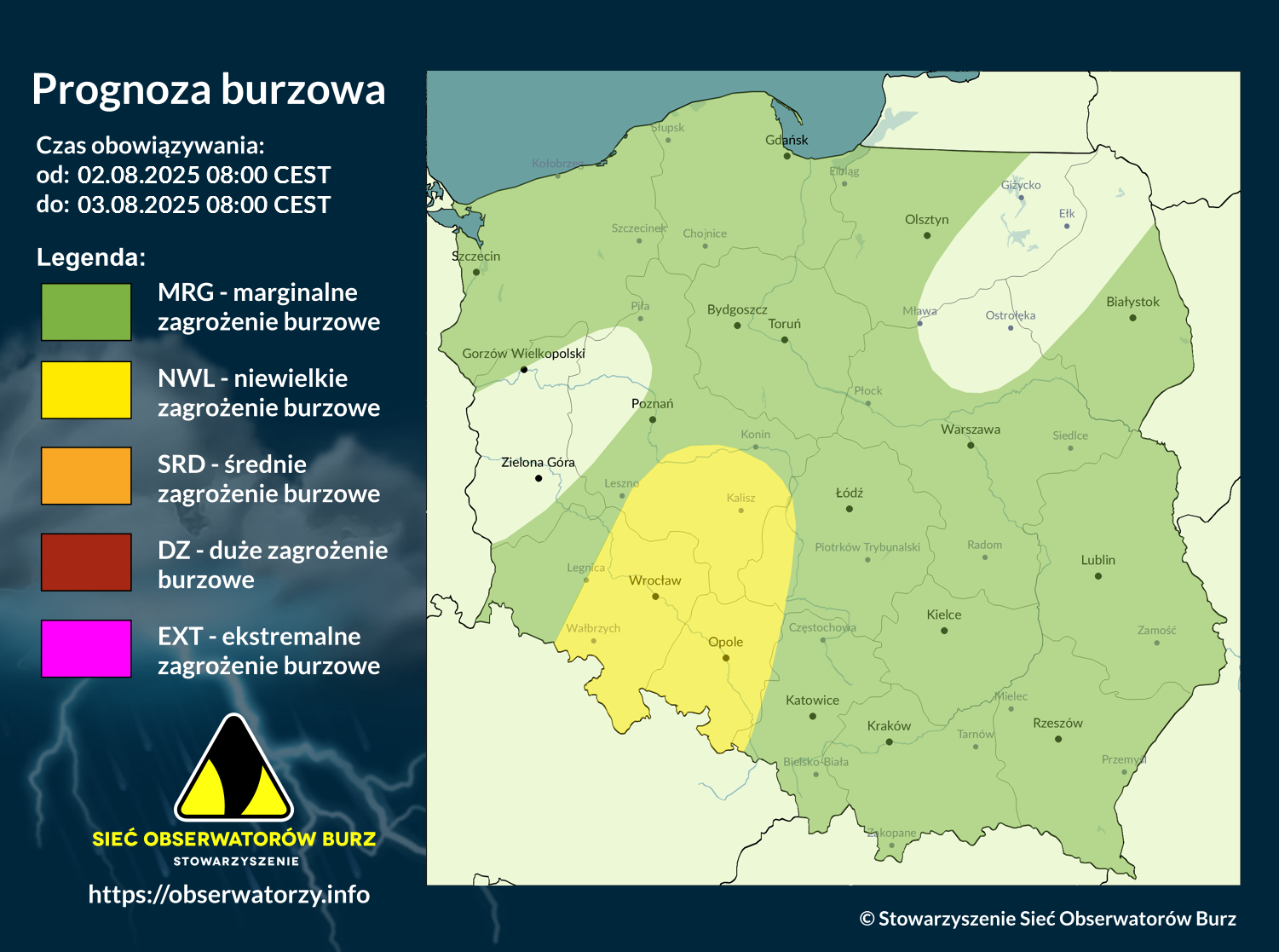 Prognoza burzowa na 2.08.2025 i noc z 2/3.08.2025