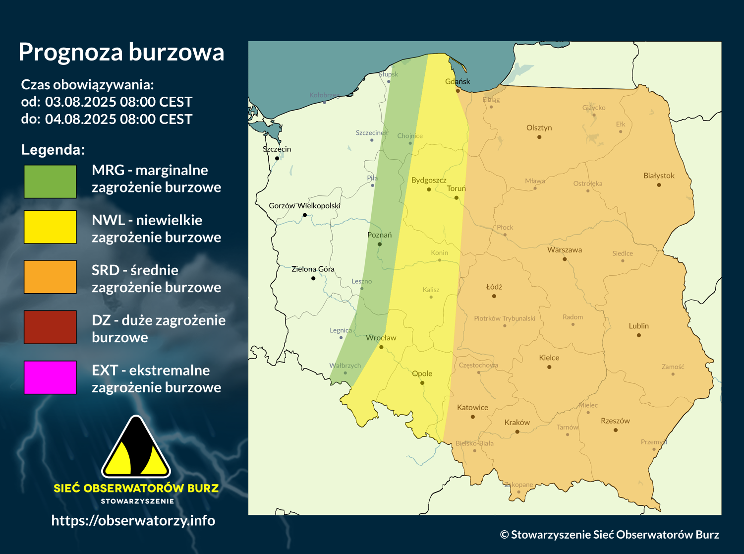 Prognoza burzowa na 3.08.2025 i noc z 3/4.08.2025 [AKTUALIZACJA]
