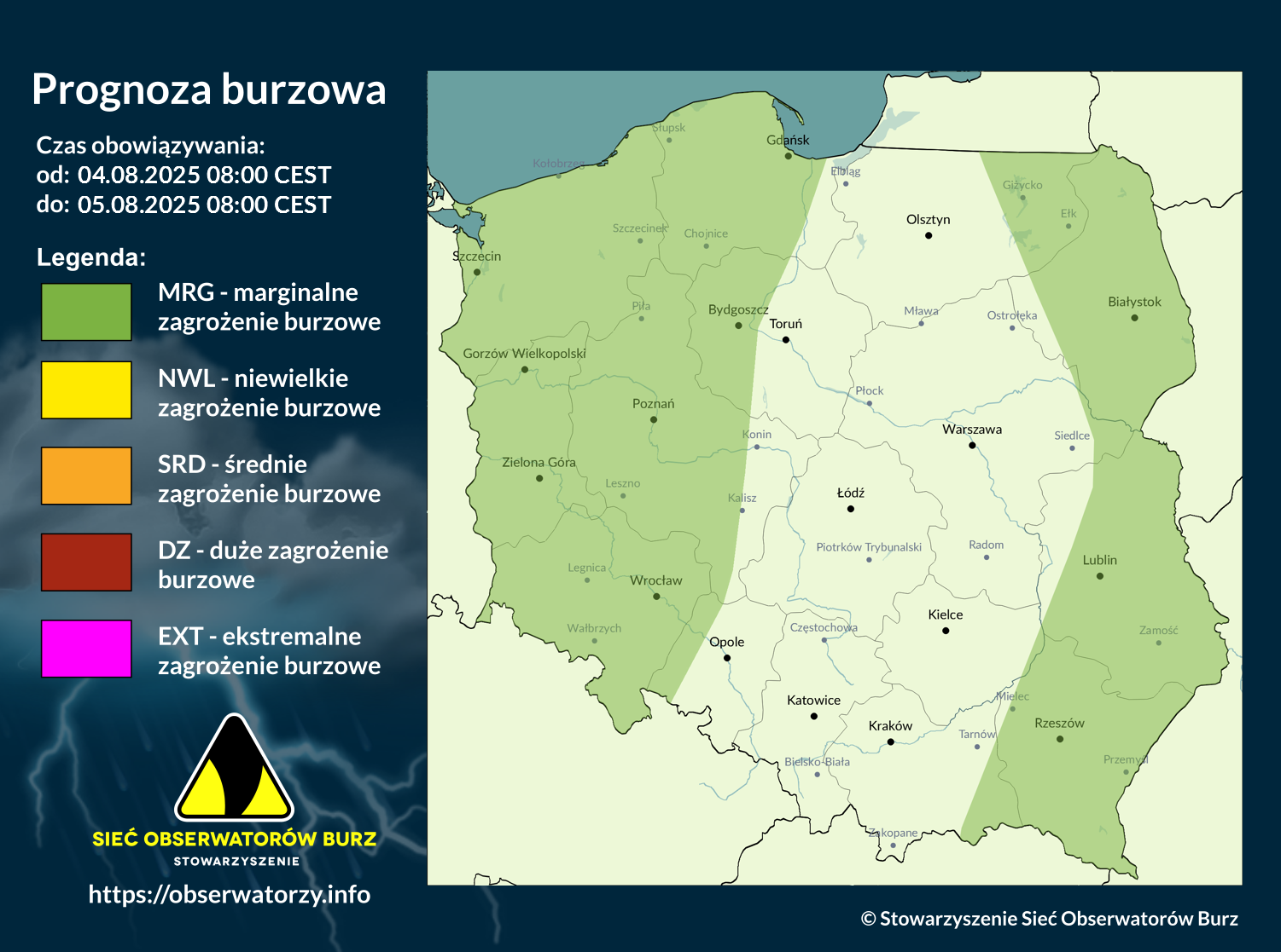 Prognoza burzowa na 4.08.2025 i noc z 4/5.08.2025