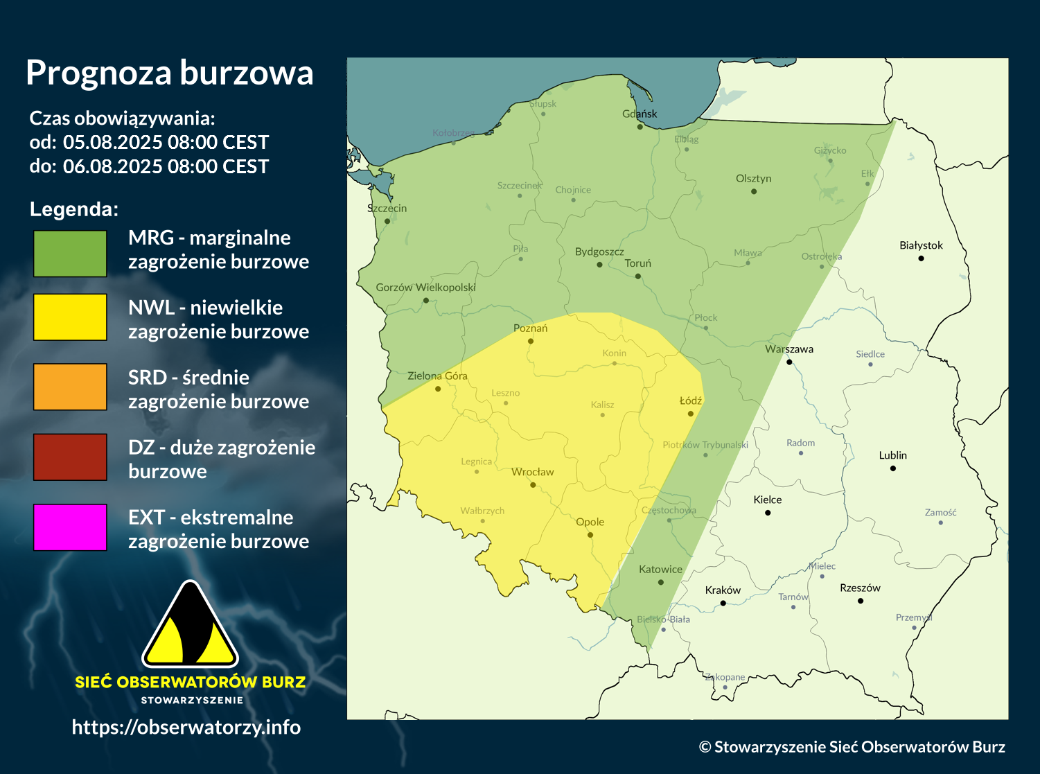 Prognoza burzowa na 5.08.2025 i noc z 5/6.08.2025