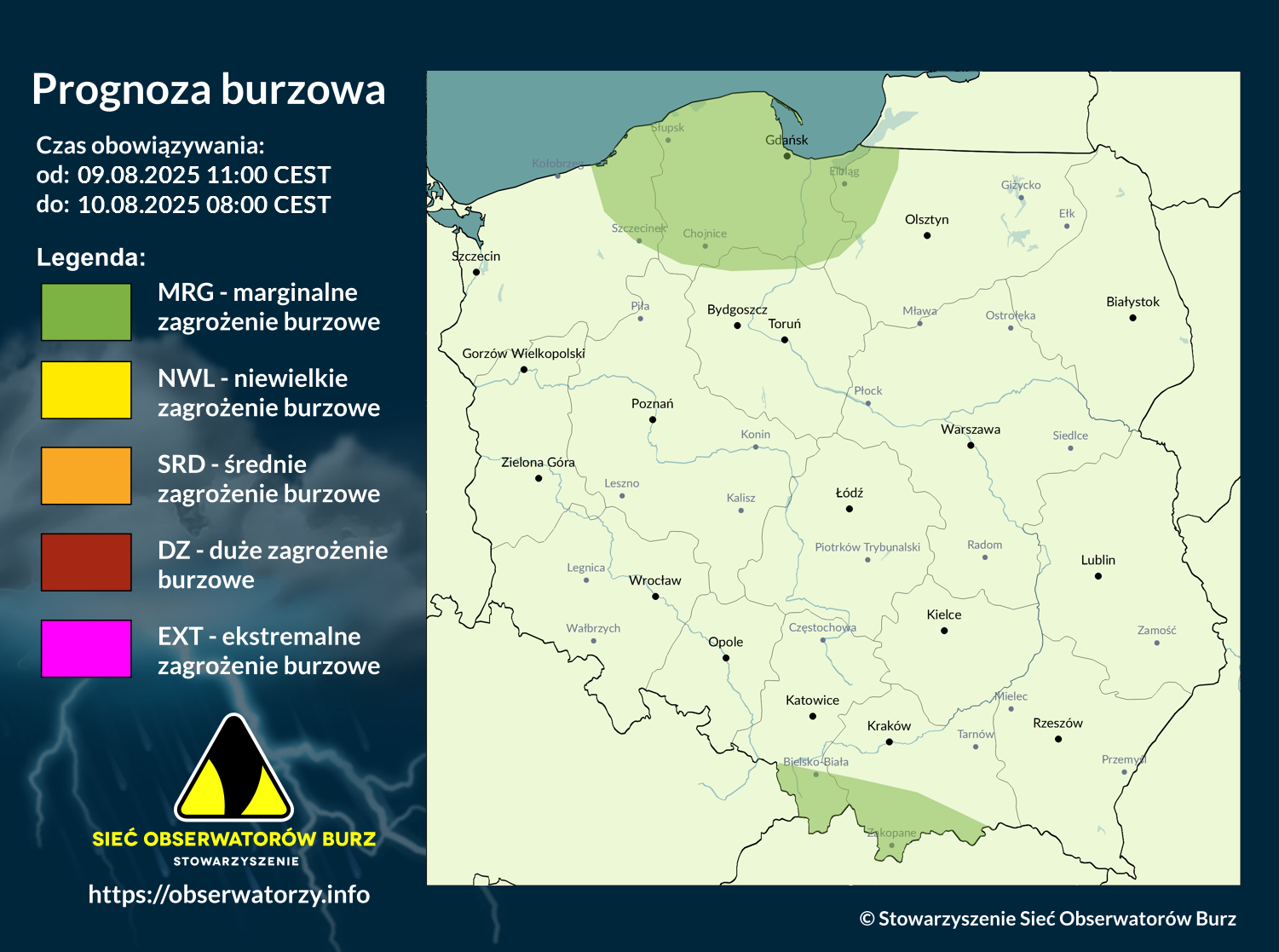 Prognoza burzowa na 9.08.2025 i noc z 9/10.08.2025