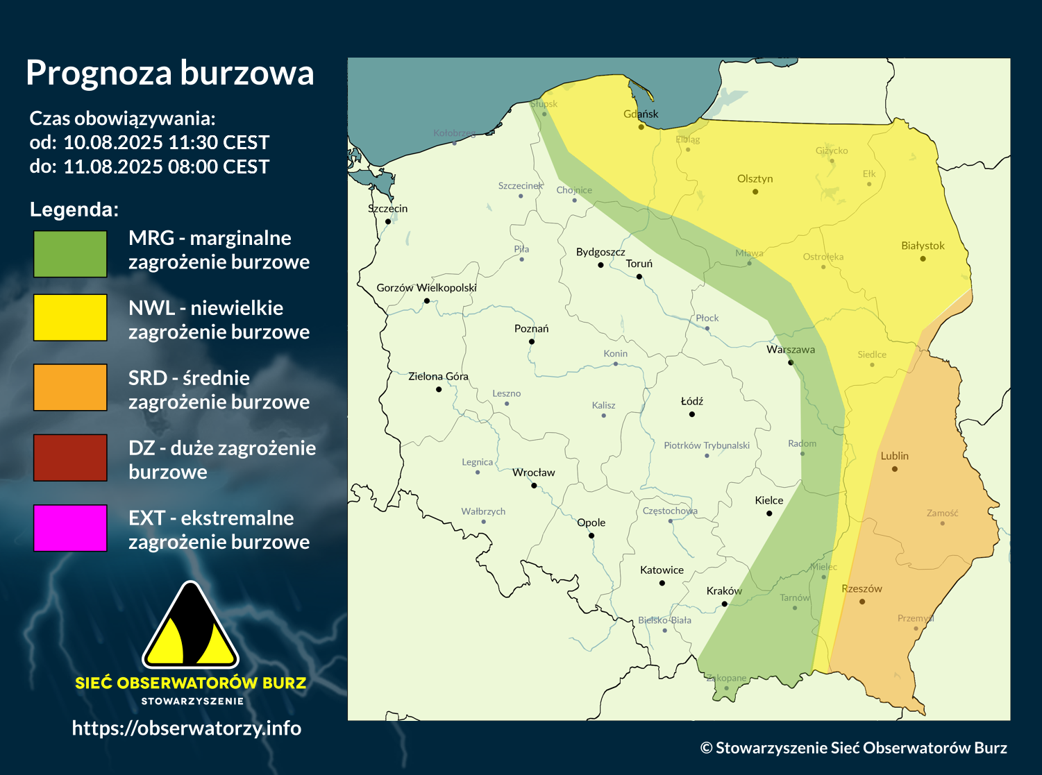 Prognoza burzowa na 10.08.2025 i noc z 10/11.08.2025 [AKTUALIZACJA]