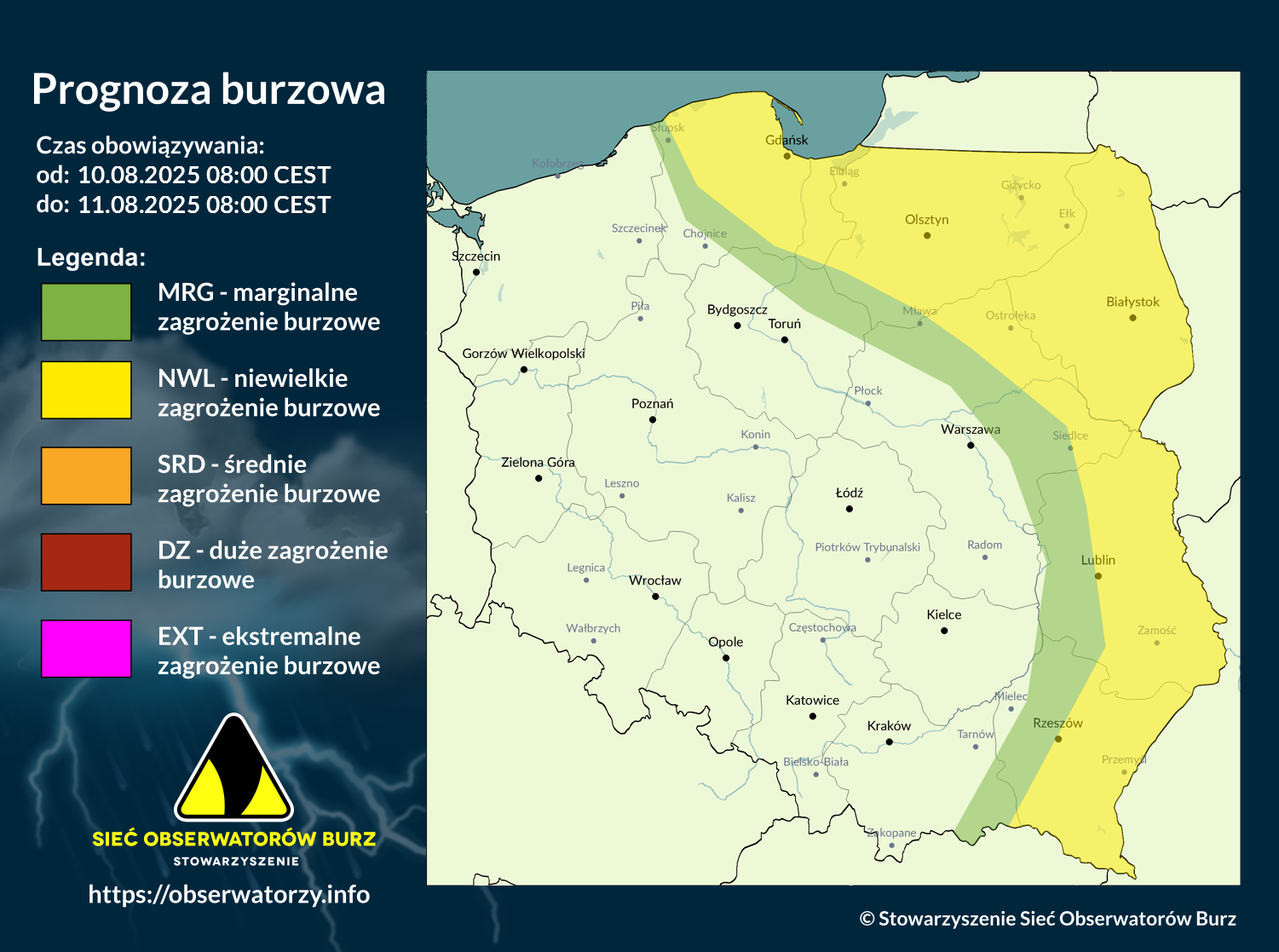 Prognoza burzowa na 10.08.2025 i noc z 10/11.08.2025