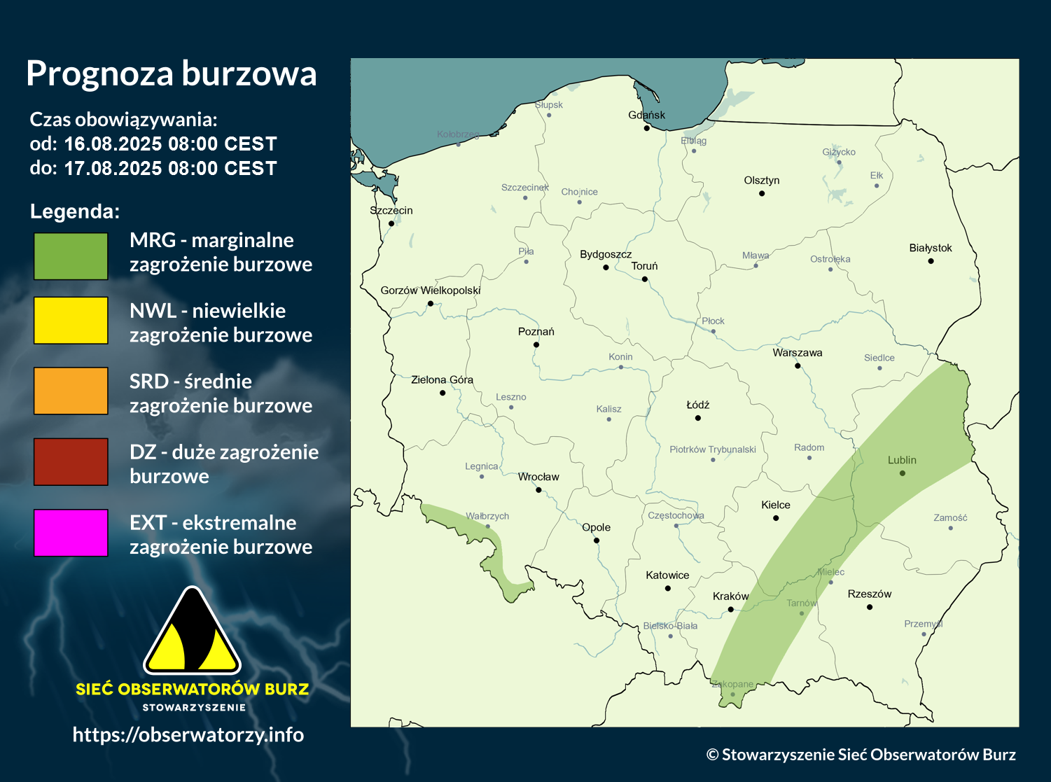 Prognoza burzowa na 16.08.2025 i noc z 16/17.08.2025